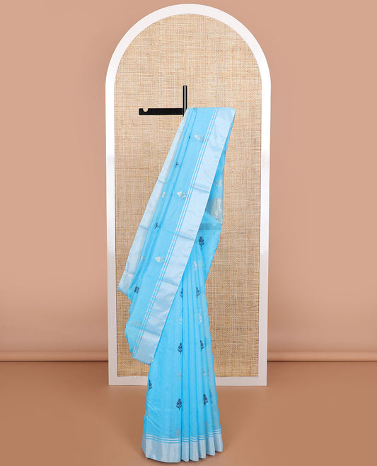 Light blue floral motifs chanderi cotton saree with self zari design border & striped pallu