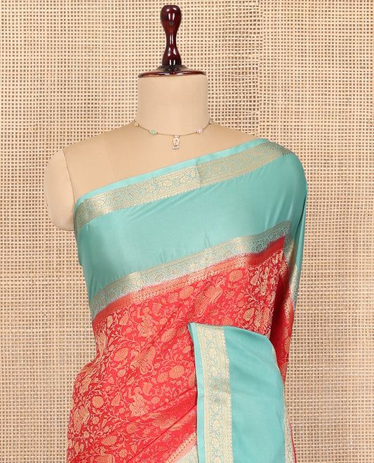 Red Fancy Crepe Saree, Adorned with Floral Vine and Peacock Design, Complemented by a Contrast Traditional Zari Design Border, Sparsely Woven Pallu, and Contrast Blouse