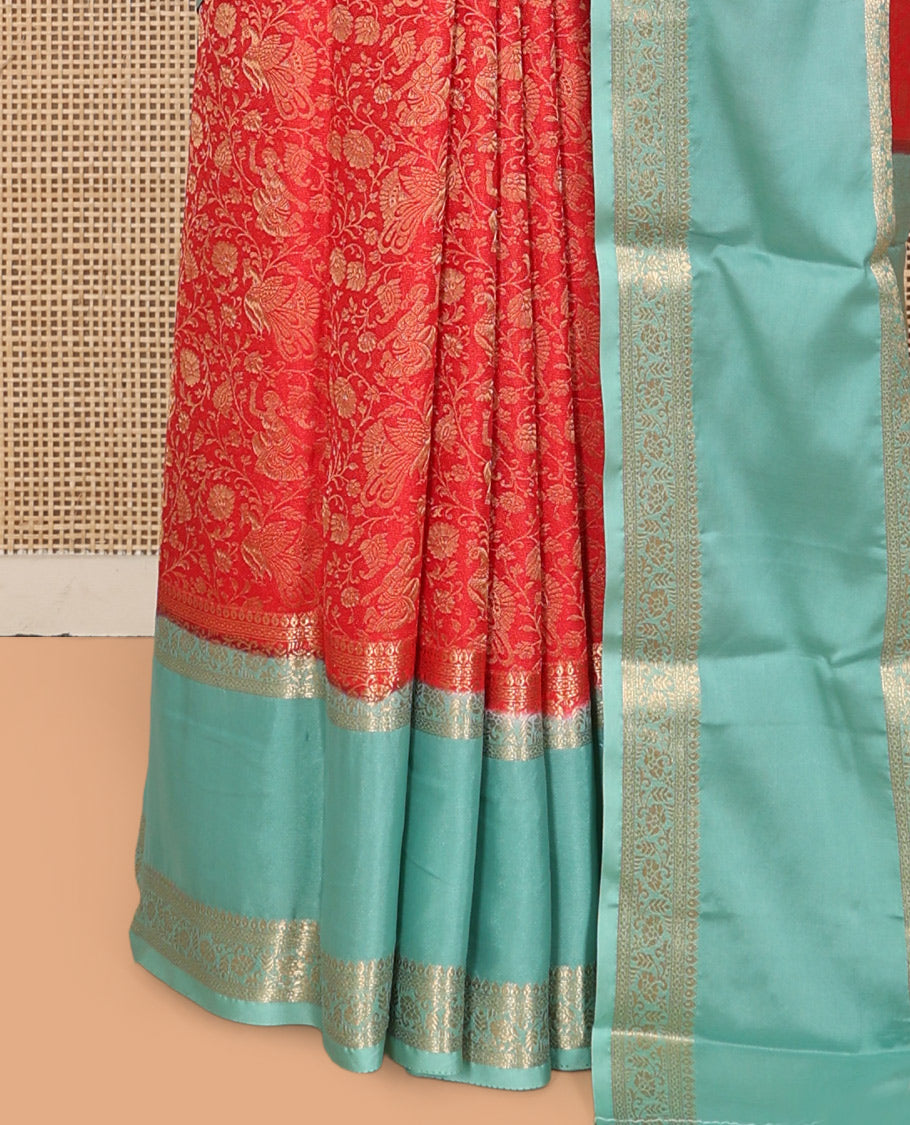 Red Fancy Crepe Saree, Adorned with Floral Vine and Peacock Design, Complemented by a Contrast Traditional Zari Design Border, Sparsely Woven Pallu, and Contrast Blouse
