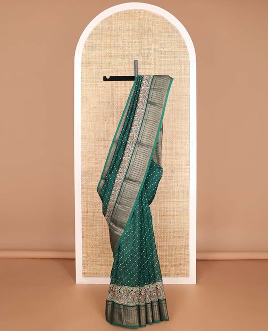 Green bandhani chanderi cotton saree with contrast zari design border & madhubani style intricate design pallu