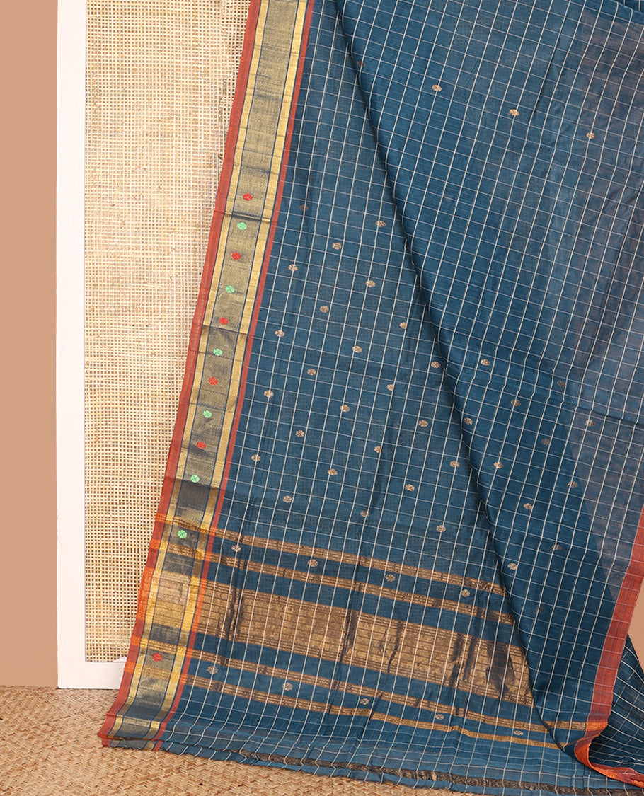 Blue Venkatagiri Cotton Saree, Adorned with Butta Enclosed Checks on Its Body, Complemented By Contrast Border of Zari and Thread Buttas, Striped Pallu, and Comes Without a Blouse