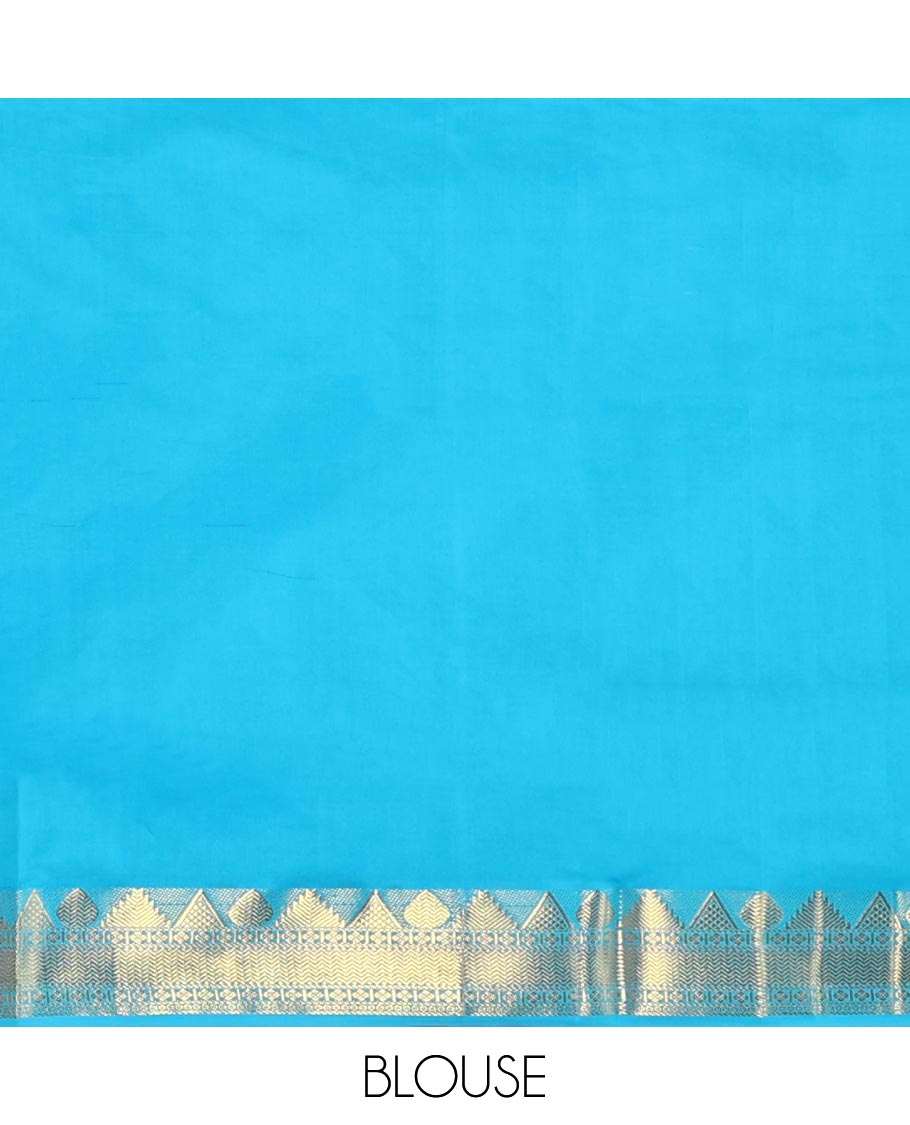 Sandal Plain Poly Cotton Saree, Complemented by a Contrast Traditional Zari Design Border, Pallu of Stripes, and Paired with a Contrast Blouse