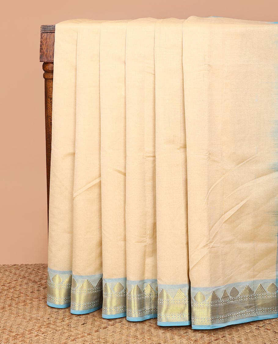 Sandal Plain Poly Cotton Saree, Complemented by a Contrast Traditional Zari Design Border, Pallu of Stripes, and Paired with a Contrast Blouse