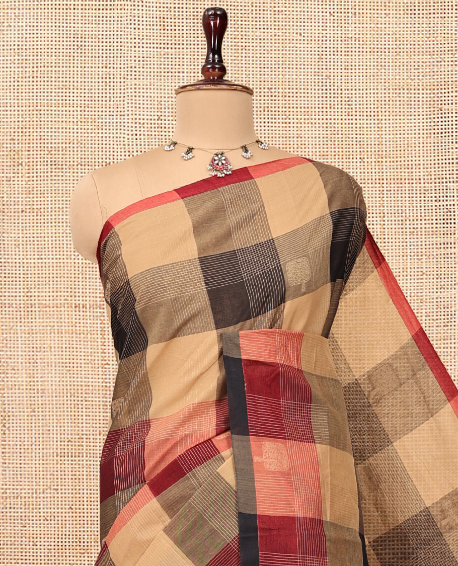 Borderless Multi-Color Cotton Saree, Accentuated with Buttas and Checks, Intricately Designed Pallu, and a Matching Blouse