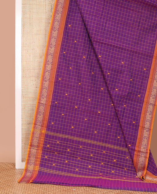 Purple buttas with checked design Chettinad cotton saree, contrast traditional design border, and pallu of buttas and checked design