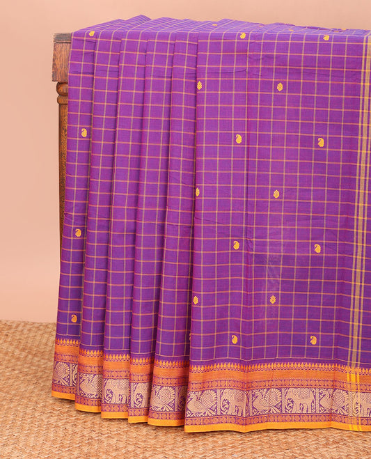 Purple buttas with checked design Chettinad cotton saree, contrast traditional design border, and pallu of buttas and checked design