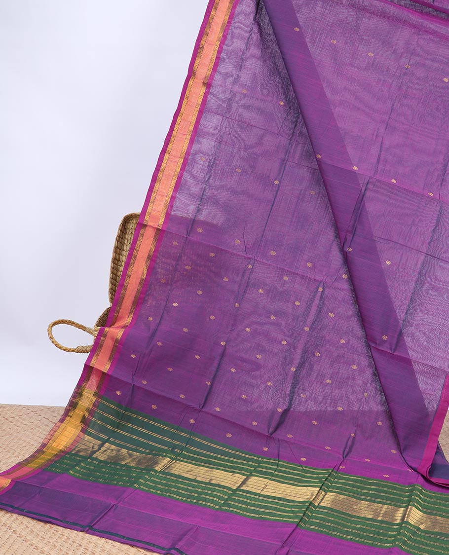 Purple buttas Vengatagiri cotton saree, contrast zari border & pallu of zari stripes