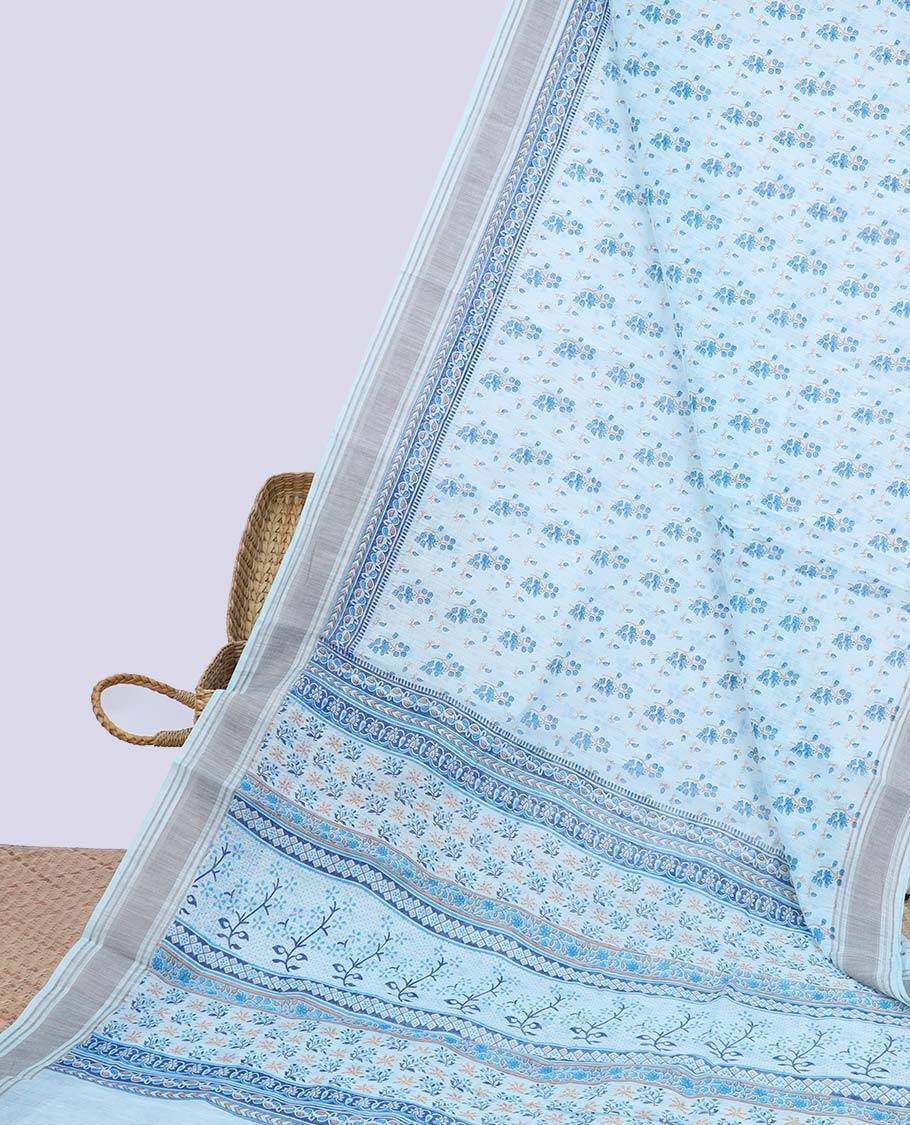 Blue floral printed budget cotton saree, self-border & floral printed pallu