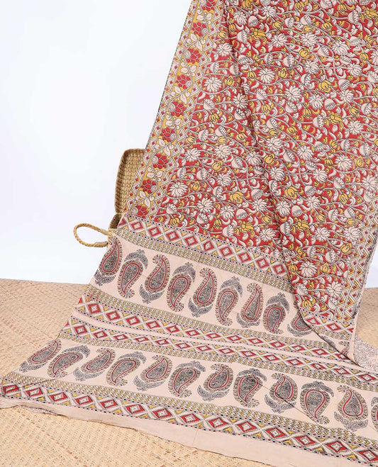 Red floral machine-printed kalamkari cotton saree, floral printed border & paisley printed pallu