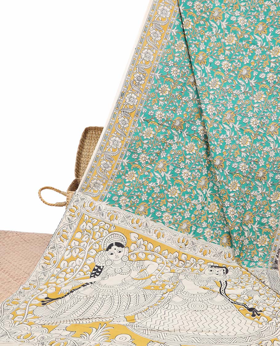 Green floral machine-printed kalamkari cotton saree, contrast floral design border & human figurines pallu