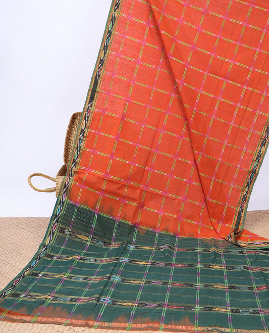 Orange checked Andhra cotton saree, contrast ikkat border & checked pallu of ikkat design