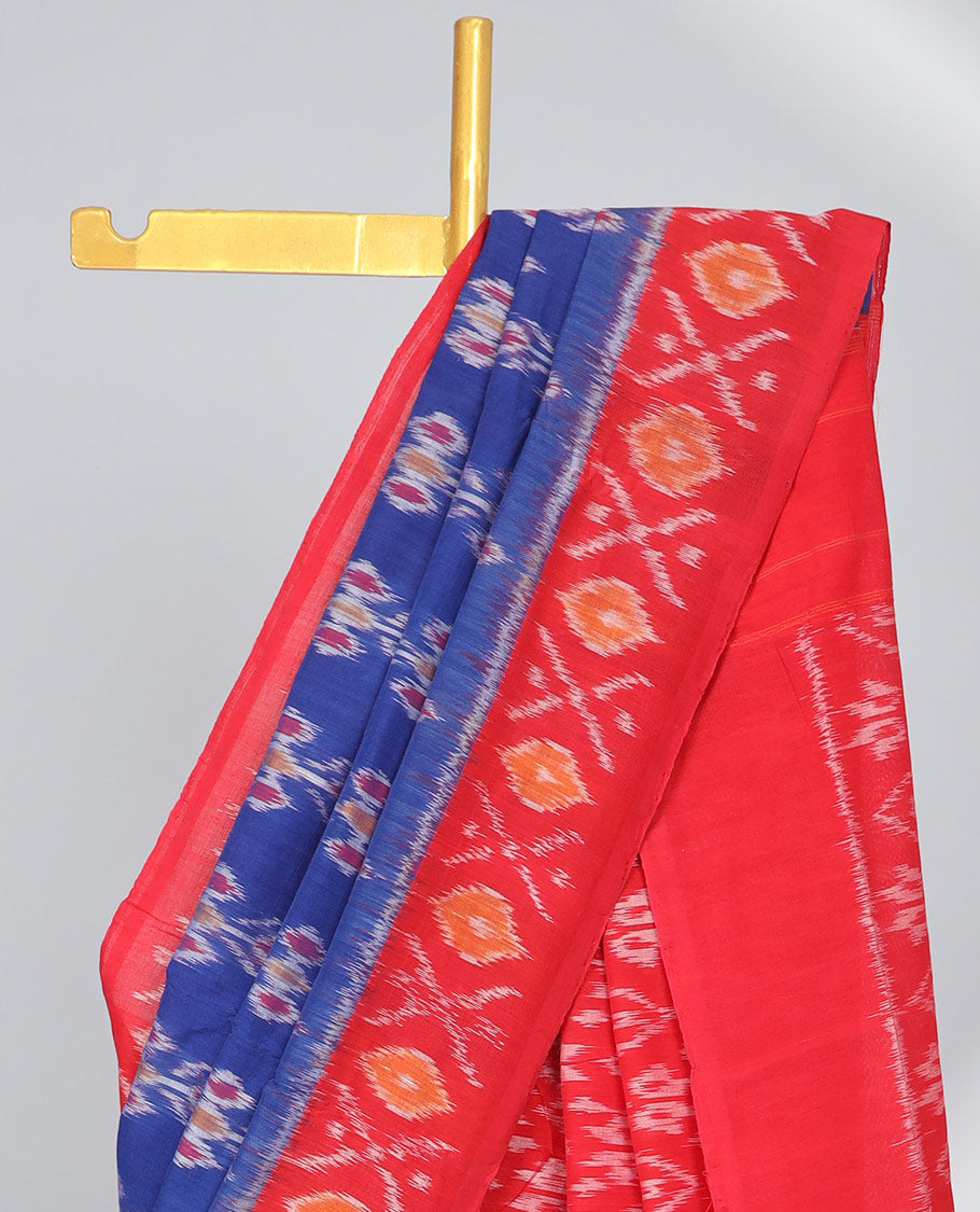 Blue floral ikkat cotton saree with contrast geometric design border & floral design pallu