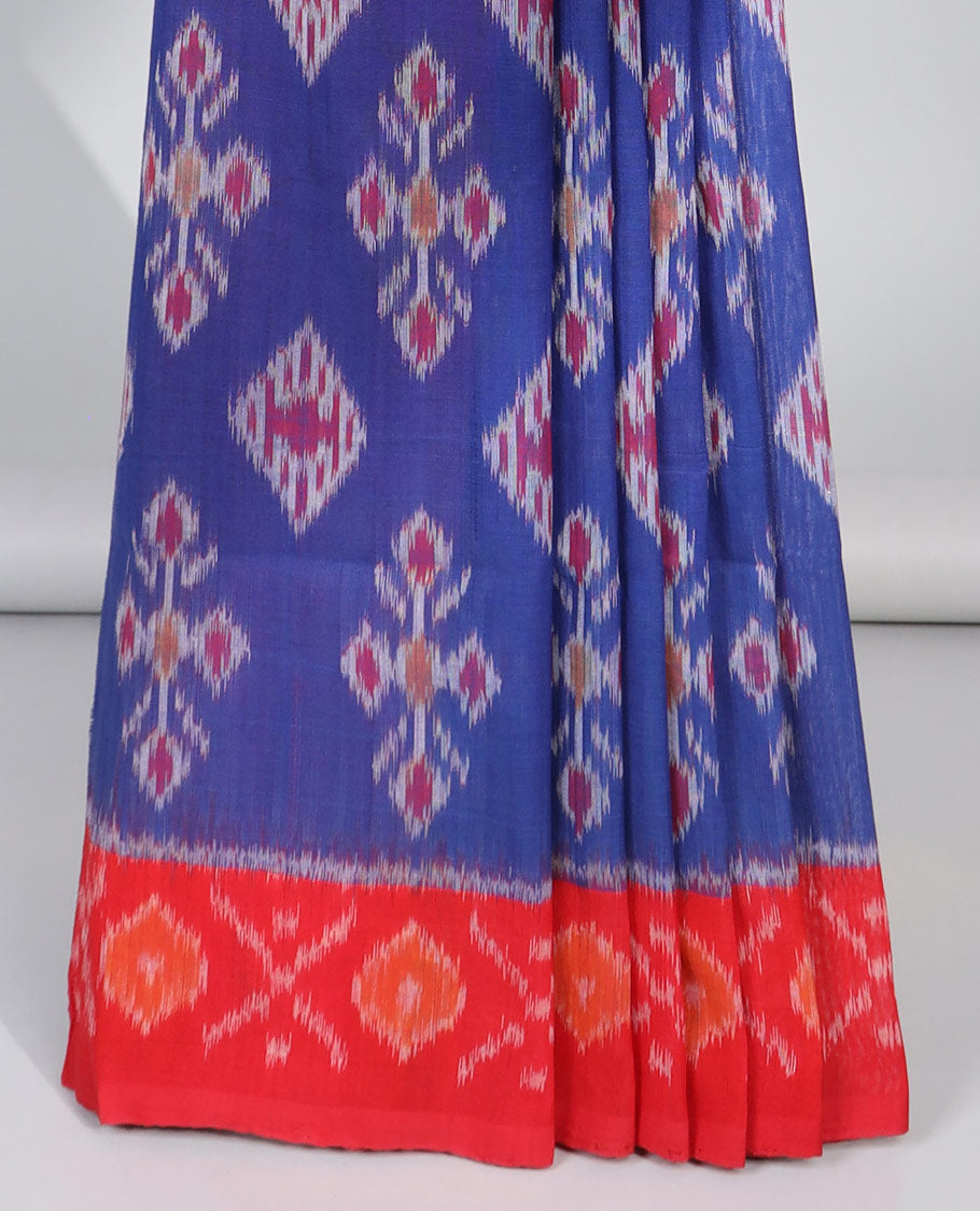 Blue floral ikkat cotton saree with contrast geometric design border & floral design pallu