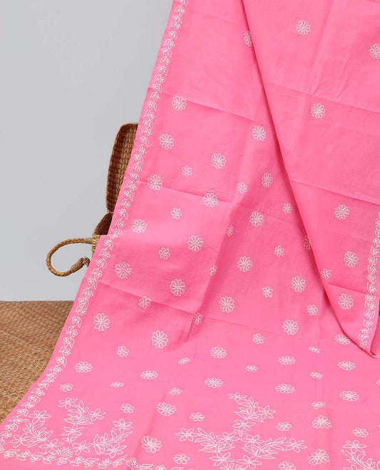 Pink all-over floral thread embroidery chikankari cotton saree with self embroidery border
