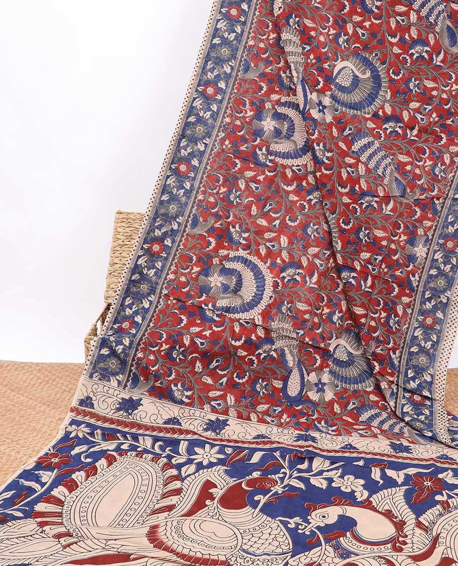Multi-color floral design machine-printed kalamkari cotton saree with contrast floral border & peacock design pallu