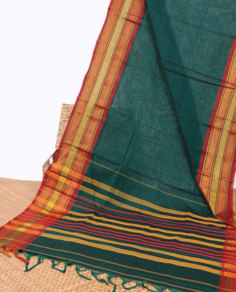 Green narayanapet cotton saree with contrast striped border & striped pallu