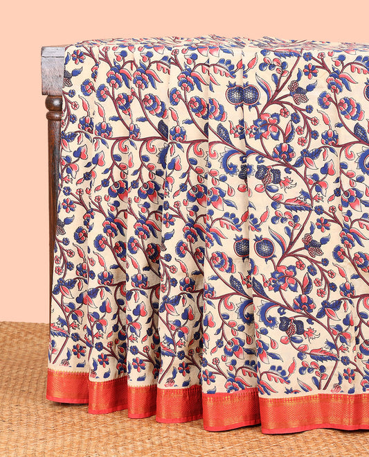 Cream all-over floral machine-printed kalamkari cotton saree with contrast border of zari design