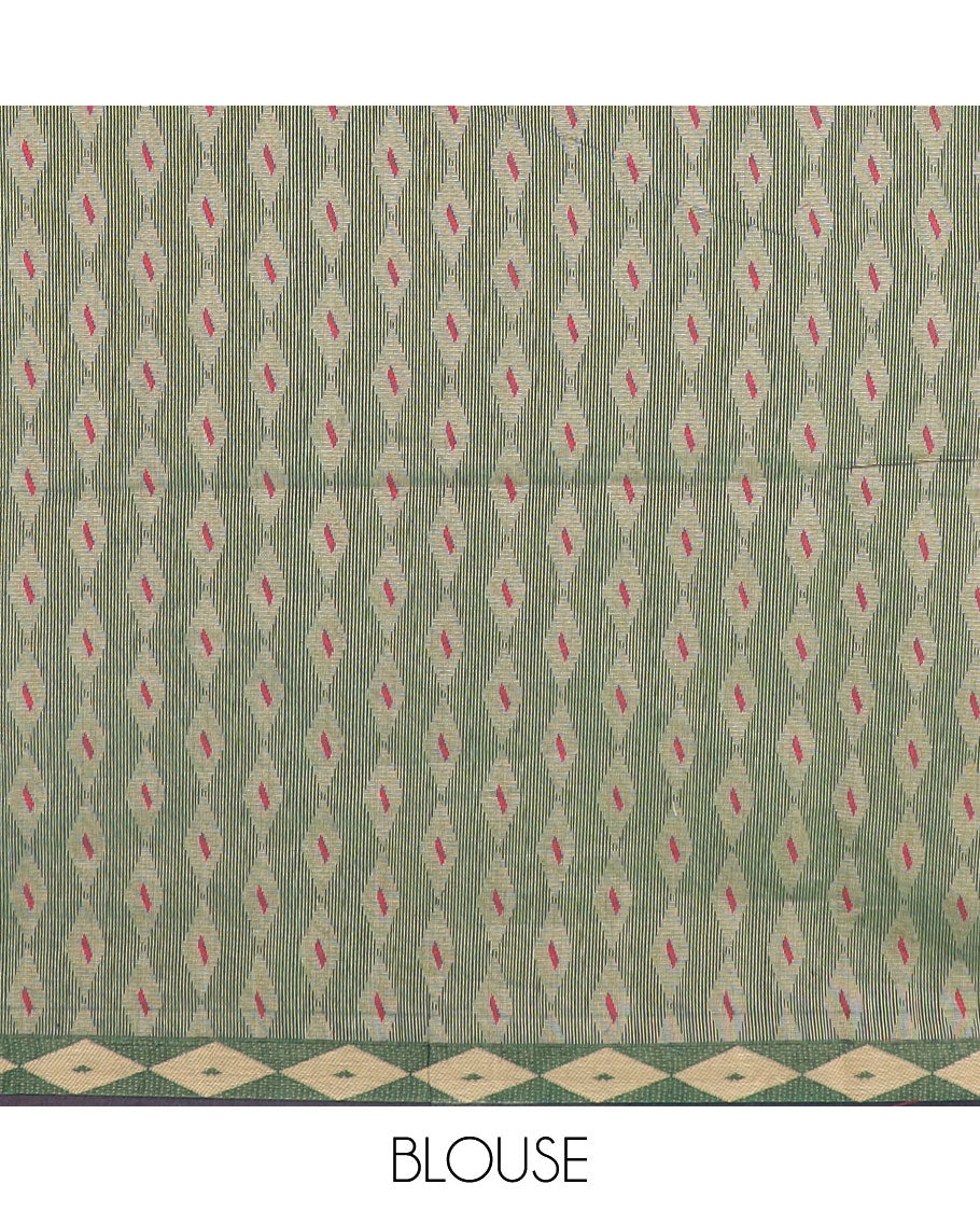 Green floral thread motifs coimbatore cotton saree, diamond patterned border, and pallu of geometric patterns