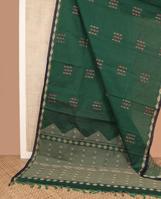 Green floral thread motifs coimbatore cotton saree, diamond patterned border, and pallu of geometric patterns