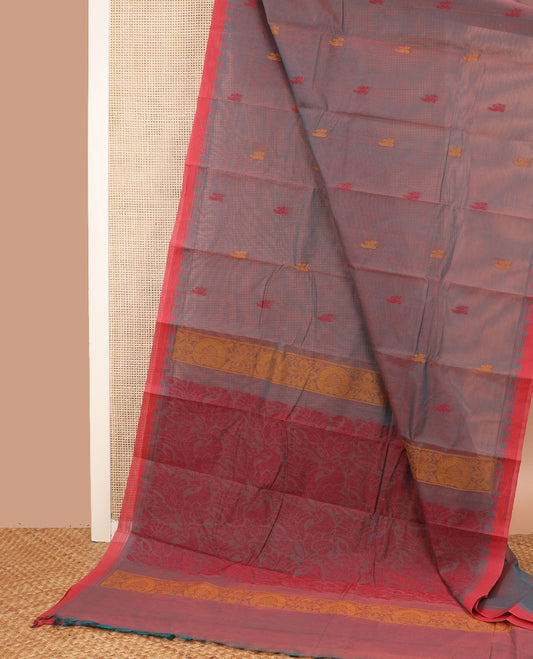 Grey thread buttas Kanchi cotton saree, contrast striped border, and paisleys design pallu