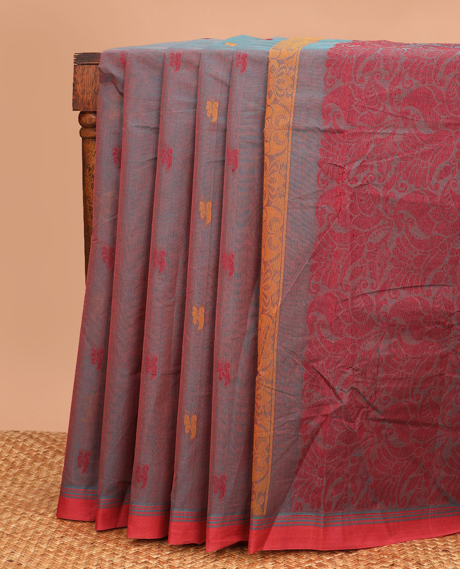 Grey thread buttas Kanchi cotton saree, contrast striped border, and paisleys design pallu