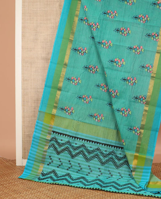 Blue heart ballon bouquet printed Chirala cotton saree, contrast border and pallu of geometric print