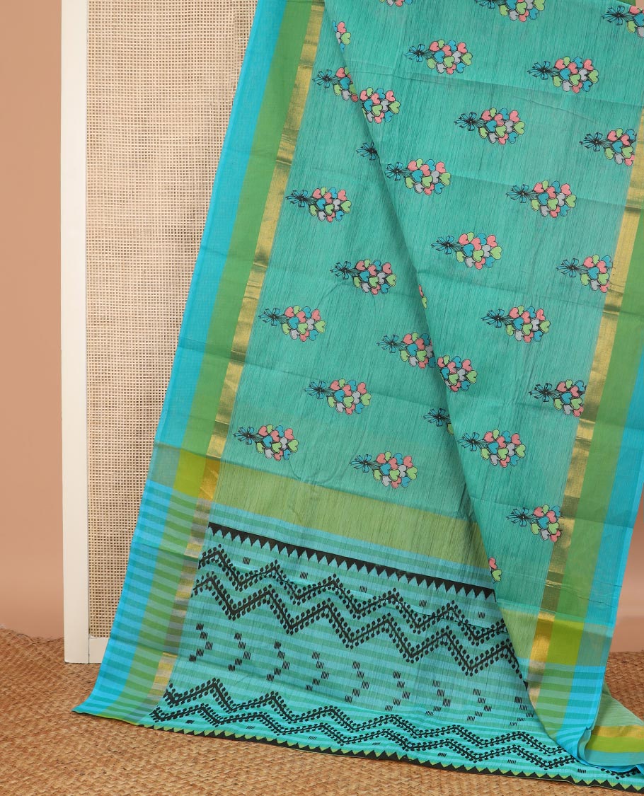 Blue heart ballon bouquet printed Chirala cotton saree, contrast border and pallu of geometric print