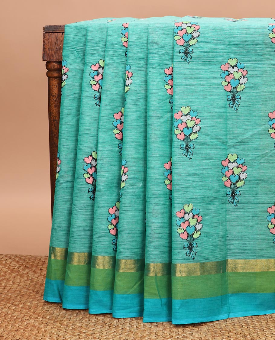 Blue heart ballon bouquet printed Chirala cotton saree, contrast border and pallu of geometric print