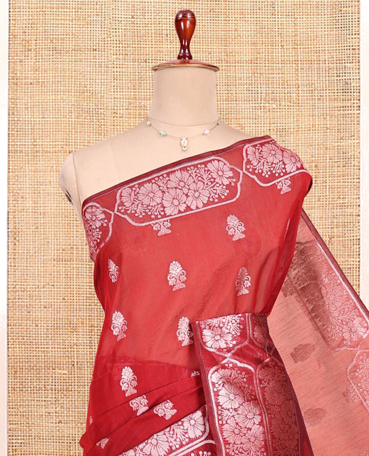 Red Semi-Silk Cotton Saree, Adorned with Zari Buttas All Over Its Body, a Subtle Border of Floral Designs, Grand Jaal Pallu, and Paired with a Matching Blouse