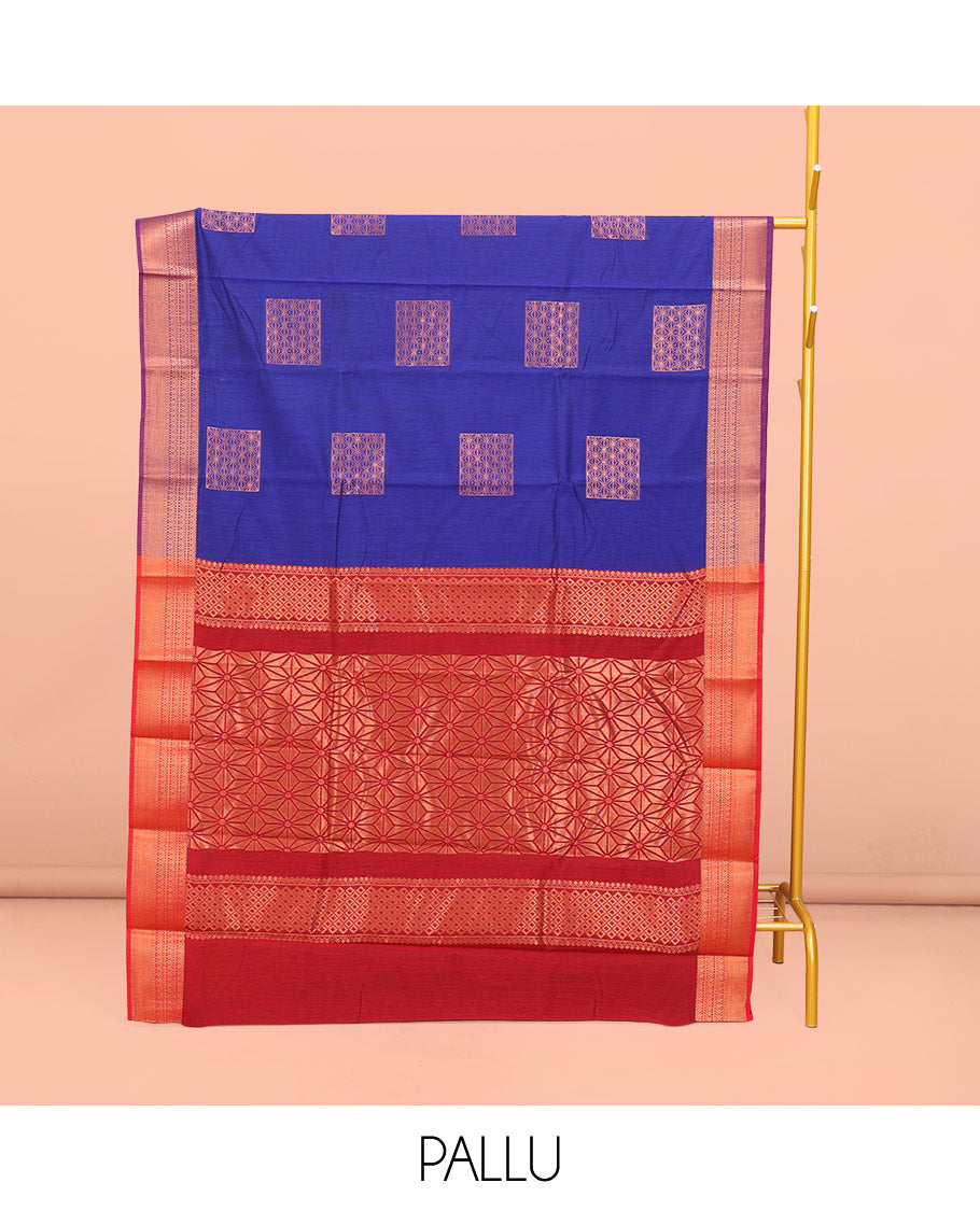 Royal Blue Semi-Silk Cotton Saree, Adorned with Zari Buttas All Over Its Body, Complemented by a Contrast Traditional Zari Design Border, Pallu of Star Design, and Paired with a Contrast Blouse
