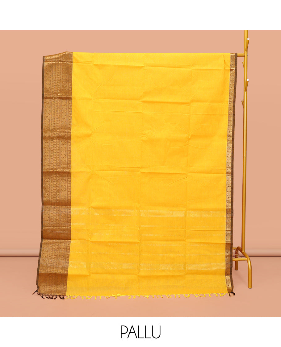 Yellow Plain Chettinad Cotton Saree, Complemented by a Contrast Traditional Zari Design Woven Temple Border, Sparsely Striped Pallu, and Paired with a Matching Blouse