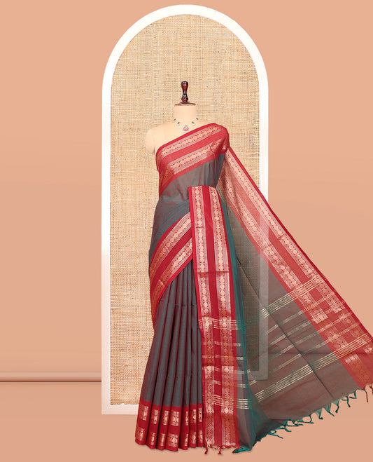 Blue Dual-Toned Plain Chettinad Cotton Saree, Enriched by a Contrast Traditional Temple Rettai Pettu Border, a Striped Pallu and a Matching Blouse