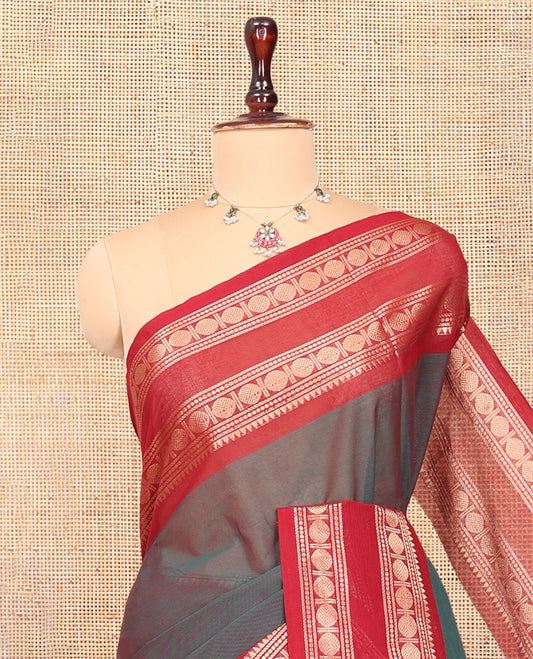 Blue Dual-Toned Plain Chettinad Cotton Saree, Enriched by a Contrast Traditional Temple Rettai Pettu Border, a Striped Pallu and a Matching Blouse