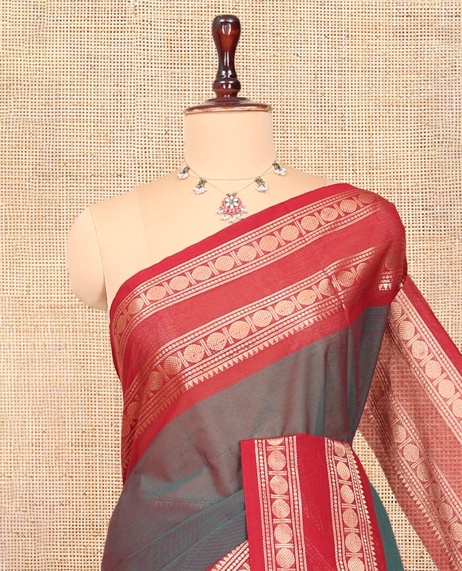 Blue Dual-Toned Plain Chettinad Cotton Saree, Enriched by a Contrast Traditional Temple Rettai Pettu Border, a Striped Pallu and a Matching Blouse