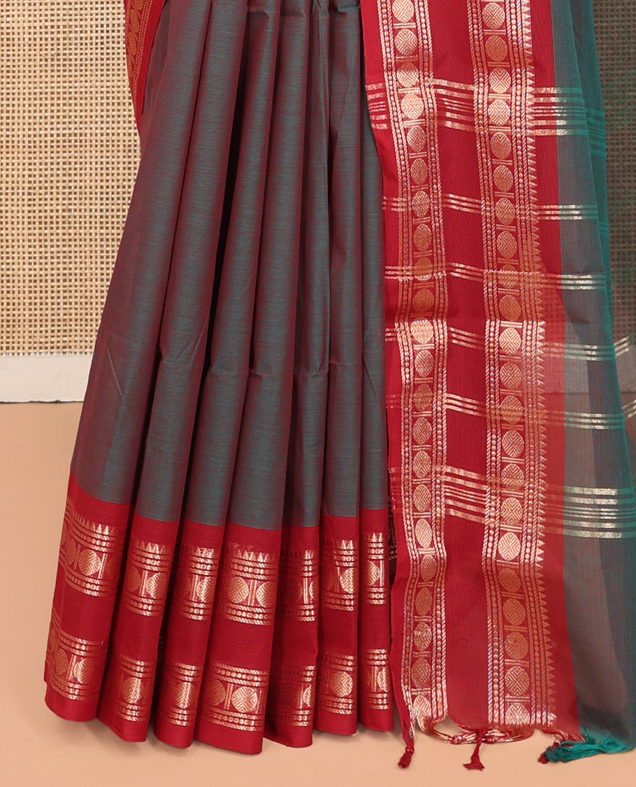 Blue Dual-Toned Plain Chettinad Cotton Saree, Enriched by a Contrast Traditional Temple Rettai Pettu Border, a Striped Pallu and a Matching Blouse