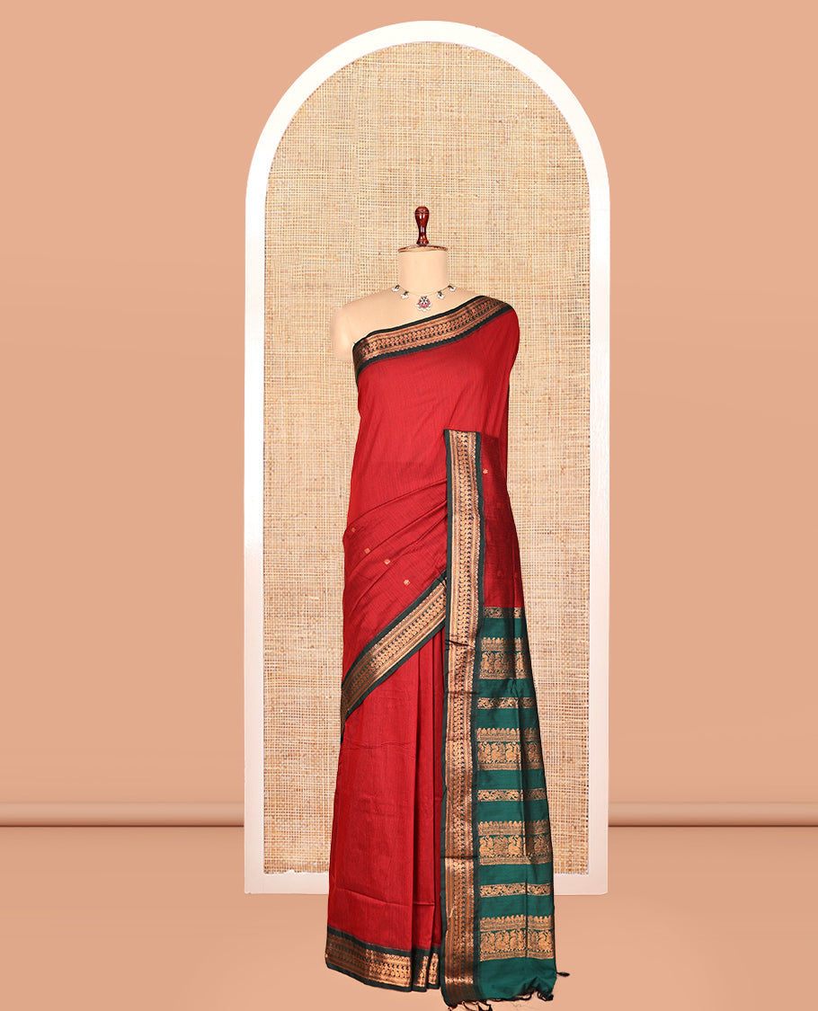 Red Plain Kalyani Cotton Saree, a Contrast Traditional Zari Border, Grand Pallu, and a Contrast Blouse