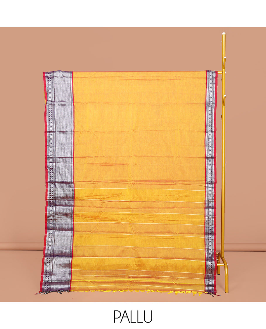 Yellow Plain Narayanpet Cotton Saree, Complemented by a Contrast Traditional Zari Design Border, Striped Pallu, and Comes Without a Blouse