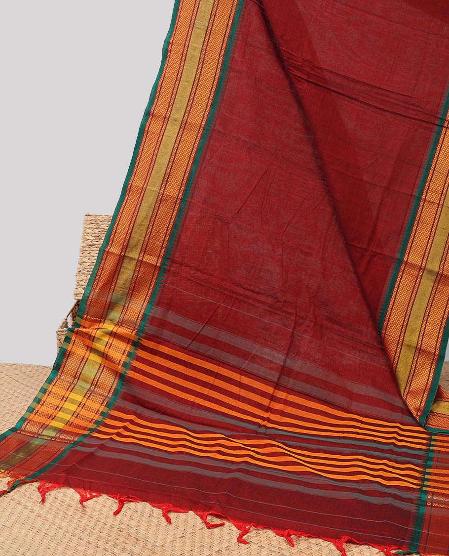 Red Chettinad cotton saree with contrast checked designb order & striped pallu