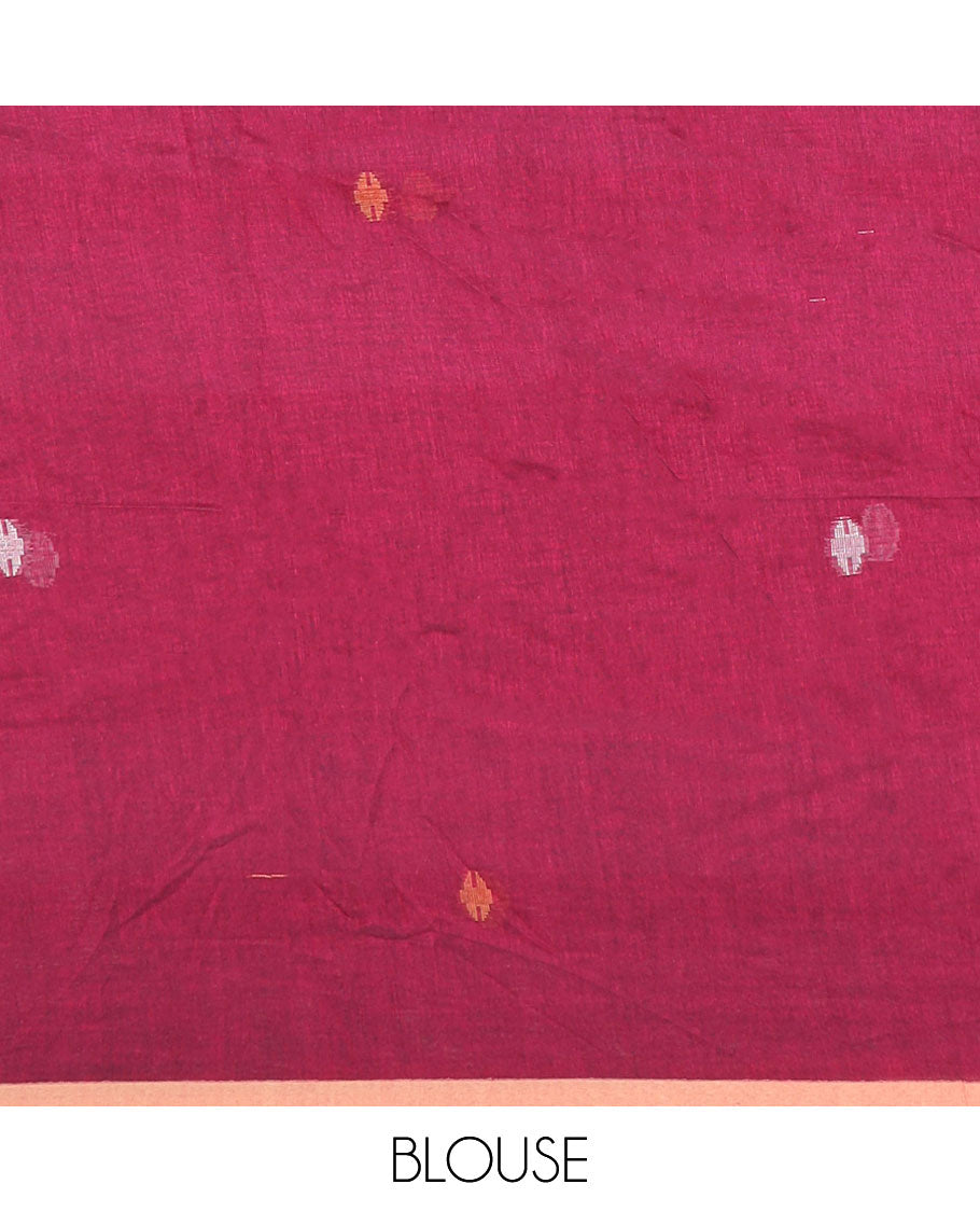 Wine meena thread buttas Kadhi cotton saree, contrast piping border & pallu of 4-petal floral motifs & stripes
