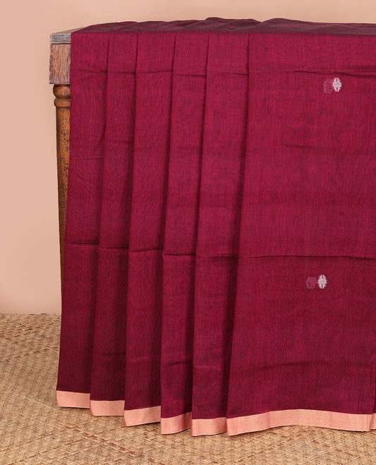 Wine meena thread buttas Kadhi cotton saree, contrast piping border & pallu of 4-petal floral motifs & stripes
