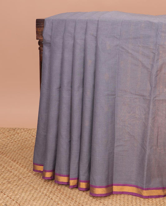 Grey floral motifs andhra cotton saree with contrast floral design border & pallu of stripes