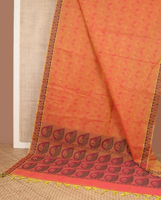 Orange floral design combatiore cotton saree, temple border & leaf-shaped motifs woven pallu
