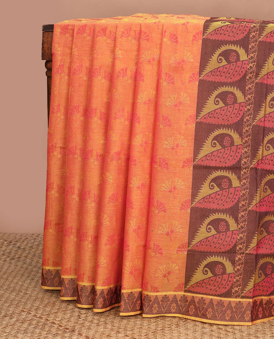 Orange floral design combatiore cotton saree, temple border & leaf-shaped motifs woven pallu