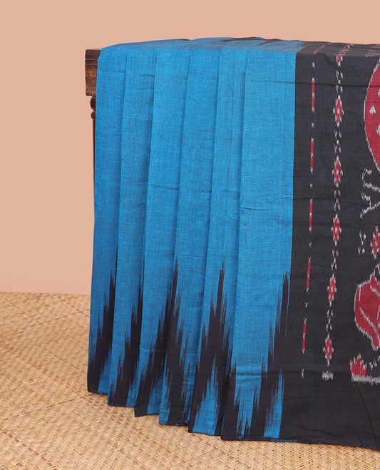 Blue ikkat cotton saree with self temple border & floral design pallu