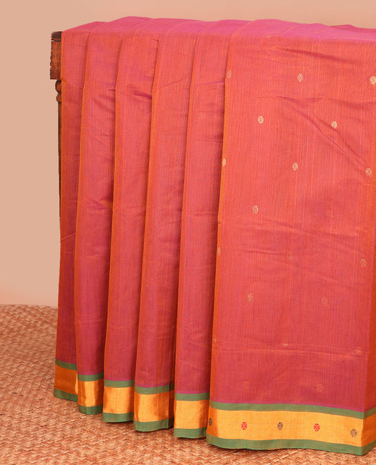 Red motifs venkatagiri cotton saree with contrast zari border & striped, motifs pallu
