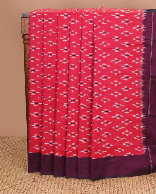 Pink diamond buttas ikkat cotton saree, contrast plain border & pallu of chevron design