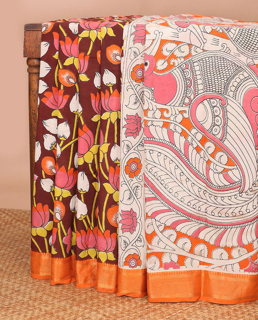 Brown lotus design machine printed kalamkari cotton saree with contrast zari design border & floral, peacock design pallu