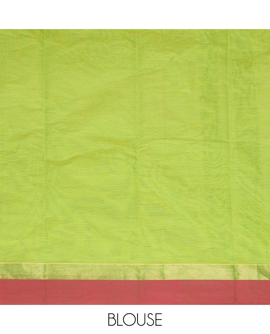 Light green motifs kanchi cotton saree with contrast temple border & checked floral design pallu