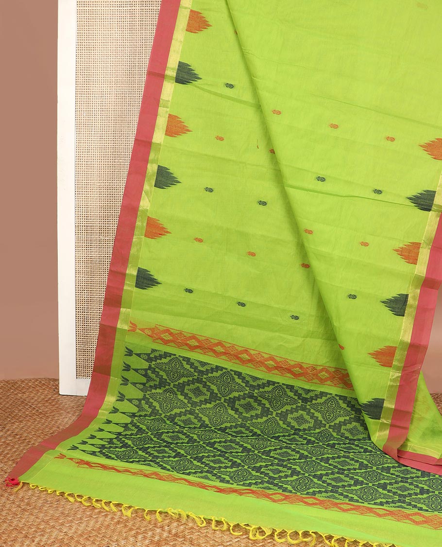Light green motifs kanchi cotton saree with contrast temple border & checked floral design pallu