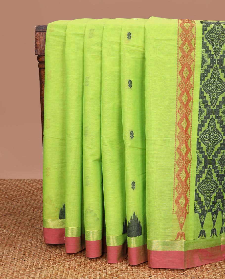 Light green motifs kanchi cotton saree with contrast temple border & checked floral design pallu